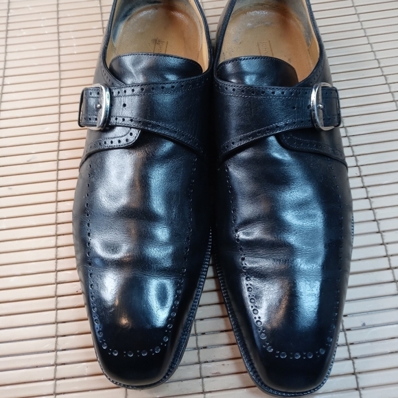 Domani Shoes By Johnston & Murphy Monk Strap Buckle Black Brogue Hand Made Itali - Picture 2 of 11